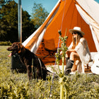 classic glamping bell tent boutique camping tipi girl boho. girl dog